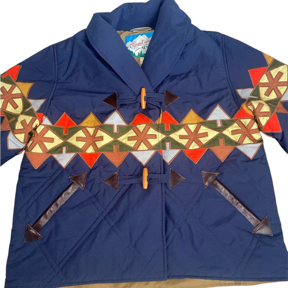 THE GREAT. Outdoors The Cropped Wanderer Blue Multicolor Patterned Puffer Jacket